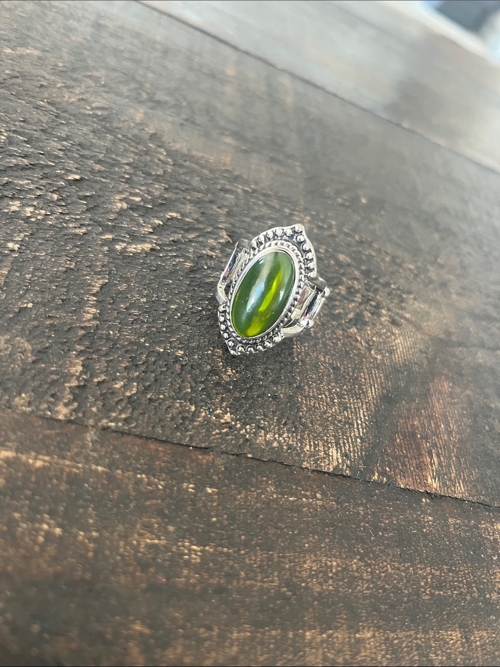 Silver Ring with Green Oval Cabochon - Women's Fashion Ring